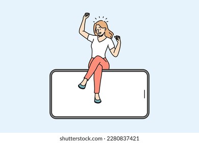 Smiling woman sitting on huge cellphone with mockup screen. Excited female client on smartphone with empty blank display. Deal or sale recommendation. Advertising. Vector illustration. 