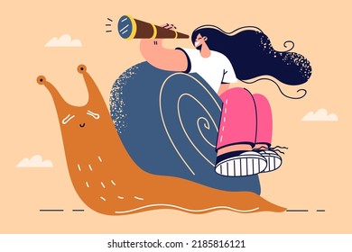 Smiling woman sitting on snail look in spyglass slowly moving to goal. Stupid businesswoman have slow business growth or no achievement. Loser and failure. Vector illustration. 