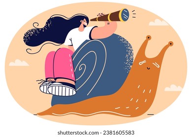 Smiling woman sitting on snail look in spyglass slowly moving to goal. Stupid businesswoman have slow business growth or no achievement. Loser and failure. Vector illustration.