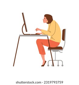 Smiling woman sitting slumped at computer flat style, vector illustration isolated on white background. Back and neck health, incorrect posture, decorative design element