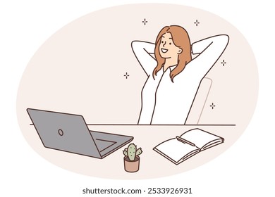 Mujer sonriente sentada en una mesa con una computadora portátil descansando con los ojos cerrados. Trabajadora de oficina o empleada que tiene un breve descanso mientras trabaja en la computadora. Tomar un descanso. Ilustración vectorial