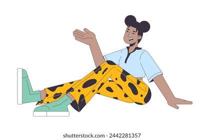 Mujer sonriente sentada y hablando 2D lineal personaje de dibujos animados. Fondo blanco de la persona aislada de la línea negra amistosa de la mujer. Ilustración de punto plano de color de atmósfera de comunicación cómoda