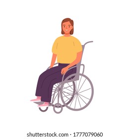 Mujer sonriente sentada en ilustración vectorial de silla de ruedas. Niña feliz con discapacidad física o discapacidad aislada con antecedentes blancos. Personaje femenino moderno y alegre e incapacitado