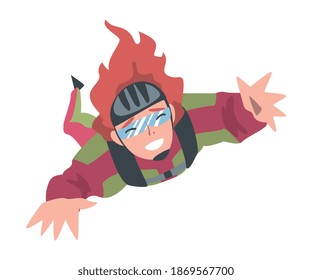 Smiling Woman Skydiver Enjoying Freefall Freedom, Female Person Jumping with Parachute in Sky, Skydiving Extreme Sport Cartoon Style Vector Illustration
