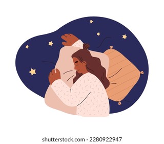 Mujer sonriente durmiendo en un lado abrazando almohada arriba vista de estilo plano, ilustración vectorial aislada en fondo blanco. Estrellas, postura cómoda, elemento de diseño decorativo