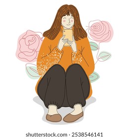 Smiling woman with a smartphone, seated against a floral doodle background, relaxed and happy.