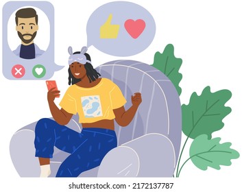 Smiling woman with smartphone using dating app. Program for communication and online choosing of people. Girl chooses boyfriend on website for meeting. Relationship finder application on screen