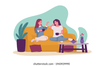 Smiling woman at sofa drinking tea at home, vector flat illustration. Happy female sit on comfortable couch and laughing isolated. People spending time together having friendly conversation.