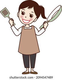 A smiling woman with a spatula and a frying pan.