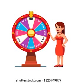 Smiling woman spinning wheel of fortune with money prizes bets sectors. Colorful clipart design. Wheel of fortune with pointing arrow. Casino and gambling concept. Flat vector isolated illustration