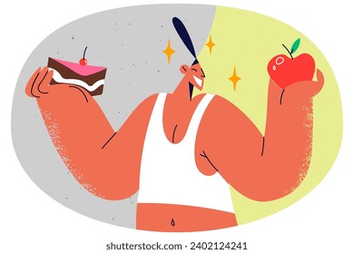 Smiling woman in sportswear holding cake and apple making choice. Happy girl decide between healthy and unhealthy food. Vector illustration.