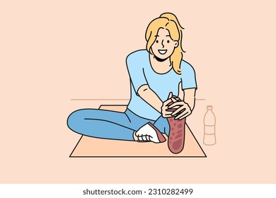 Smiling woman in sportswear training on mat in gym. Happy girl exercising doing sport. Physical activity. Vector illustration. 