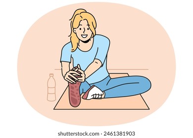 Smiling woman in sportswear training on mat in gym. Happy girl exercising doing sport. Physical activity. Vector illustration.