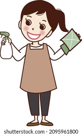 A smiling woman with a spray and a rag.