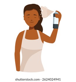Smiling woman spraying styling product on her hair for perfect hairstyle