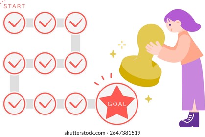 Smiling woman with stamp at the goal Image of stamp rally and goal achievement