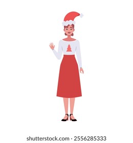 A smiling woman is standing in a Christmas hat and festive clothing. Christmas theme. Vector illustration in a flat style