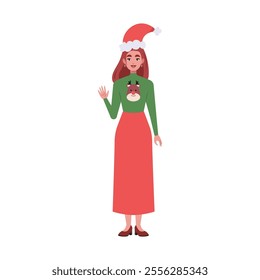 A smiling woman is standing in a Christmas hat and festive clothing. Christmas theme. Vector illustration in a flat style