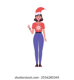 A smiling woman is standing in a Christmas hat and festive clothing. Christmas theme. Vector illustration in a flat style