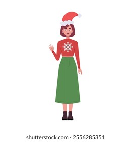 A smiling woman is standing in a Christmas hat and festive clothing. Christmas theme. Vector illustration in a flat style
