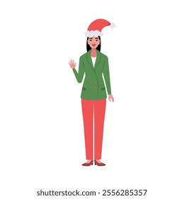 A smiling woman is standing in a Christmas hat and festive clothing. Christmas theme. Vector illustration in a flat style