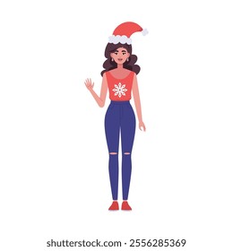 A smiling woman is standing in a Christmas hat and festive clothing. Christmas theme. Vector illustration in a flat style