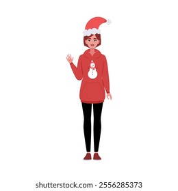 A smiling woman is standing in a Christmas hat and festive clothing. Christmas theme. Vector illustration in a flat style