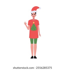 A smiling woman is standing in a Christmas hat and festive clothing. Christmas theme. Vector illustration in a flat style