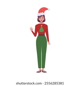A smiling woman is standing in a Christmas hat and festive clothing. Christmas theme. Vector illustration in a flat style