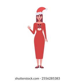 A smiling woman is standing in a Christmas hat and festive clothing. Christmas theme. Vector illustration in a flat style