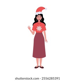 A smiling woman is standing in a Christmas hat and festive clothing. Christmas theme. Vector illustration in a flat style