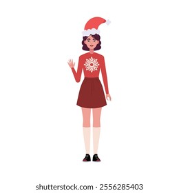 A smiling woman is standing in a Christmas hat and festive clothing. Christmas theme. Vector illustration in a flat style