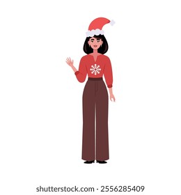 A smiling woman is standing in a Christmas hat and festive clothing. Christmas theme. Vector illustration in a flat style