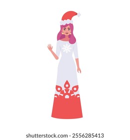 A smiling woman is standing in a Christmas hat and festive clothing. Christmas theme. Vector illustration in a flat style