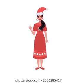 A smiling woman is standing in a Christmas hat and festive clothing. Christmas theme. Vector illustration in a flat style