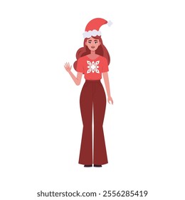 A smiling woman is standing in a Christmas hat and festive clothing. Christmas theme. Vector illustration in a flat style