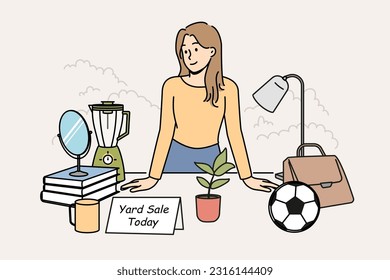 Smiling woman standing at desk selling goods on yard sale. Happy female offer things on backyard sale. Vector illustration. 