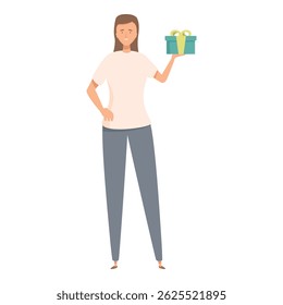 Smiling woman standing and holding a gift in her raised hand