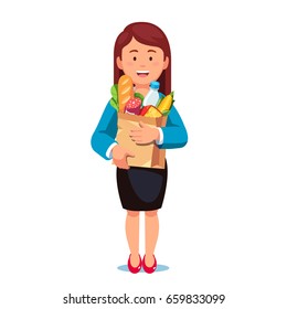 Smiling woman standing holding grocery paper bag full of food and dairy products. Business    lady doing shopping chores. Flat style vector illustration on white background.