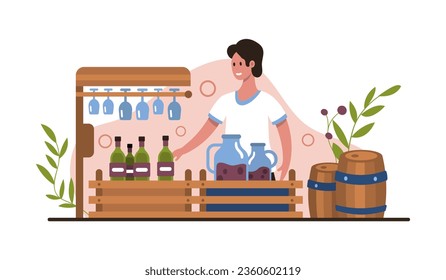 Smiling woman standing near bar, holding bottle, testing wine. Time for winemaking process with organic grapes. Vector flat illustration in cartoon style in blue and brown colors