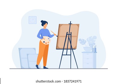 Smiling woman standing near easel and painting flat vector illustration. Cartoon painter with palette drawing new masterpiece. Creative profession and hobby concept