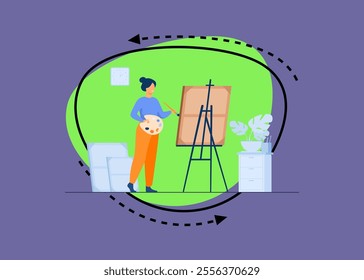 Smiling woman standing near easel and painting flat vector illustration. Cartoon painter with palette drawing new masterpiece. Creative profession and hobby concept