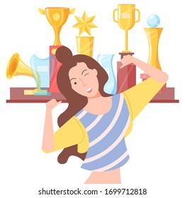 Smiling woman standing near golden regards, girl pose. Happy winner female, lady in casual clothes winking, lucky person, win symbols, positive vector