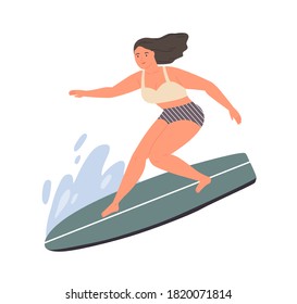 Smiling woman standing on surfboard at sea or ocean wave vector flat illustration. Happy sportswoman enjoying active lifestyle isolated on white. Female surfer in swimsuit doing extreme sports