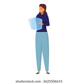 Smiling woman is standing and reading a newspaper