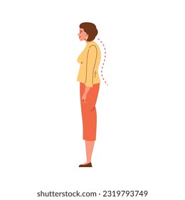 Smiling woman stands hunched over flat style, vector illustration isolated on white background. Bad posture, spine and neck problems, unhealthy, decorative design element