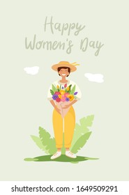 Smiling woman in straw hat holding a kraft bouquet of flowers in her hands. Bright colored card with lettering happy women's day. Gardener character design on green background. Vector illustration.