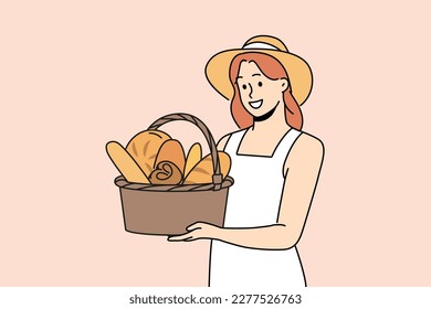 Smiling woman in straw hat holding basket with bread. Happy girl holding fresh pastry in hands. Bakery and bake shop concept. Vector illustration. 