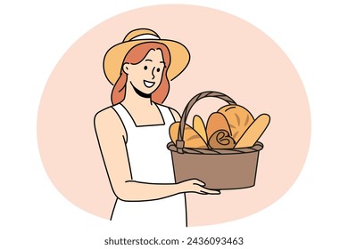 Smiling woman in straw hat holding basket with bread. Happy girl holding fresh pastry in hands. Bakery and bake shop concept. Vector illustration.