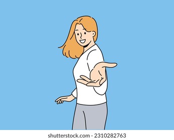 Smiling woman stretch hand to camera invite someone going together. Happy female outstretch arm to screen. Invitation and request. Vector illustration. 